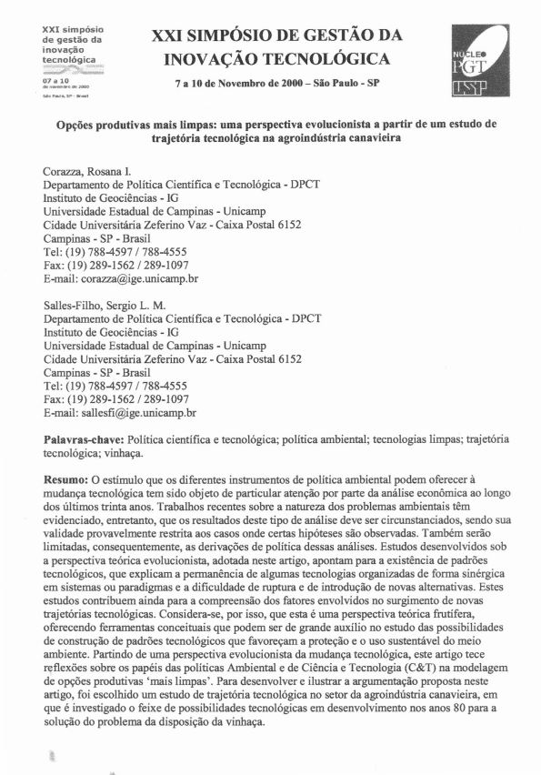 Capa:Opções produtivas mais limpas: uma perspectiva evolucionista a partir de um estudo de trajetória tecnológica na agroindústria canavieira