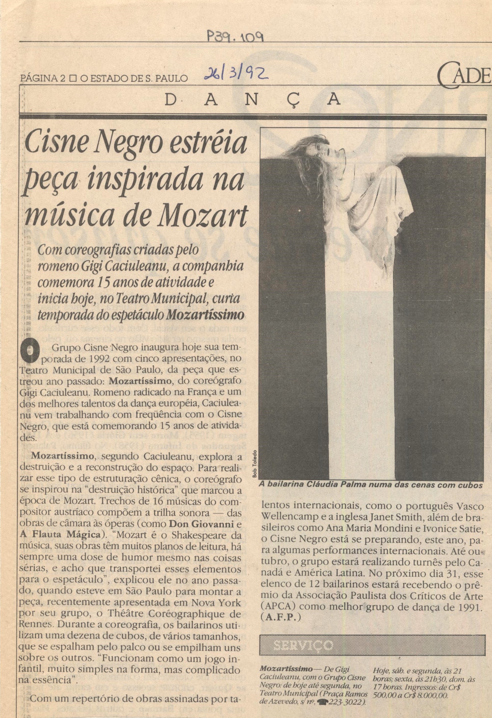 Capa:Cisne Negro estréia peça inspirada na música de Mozart