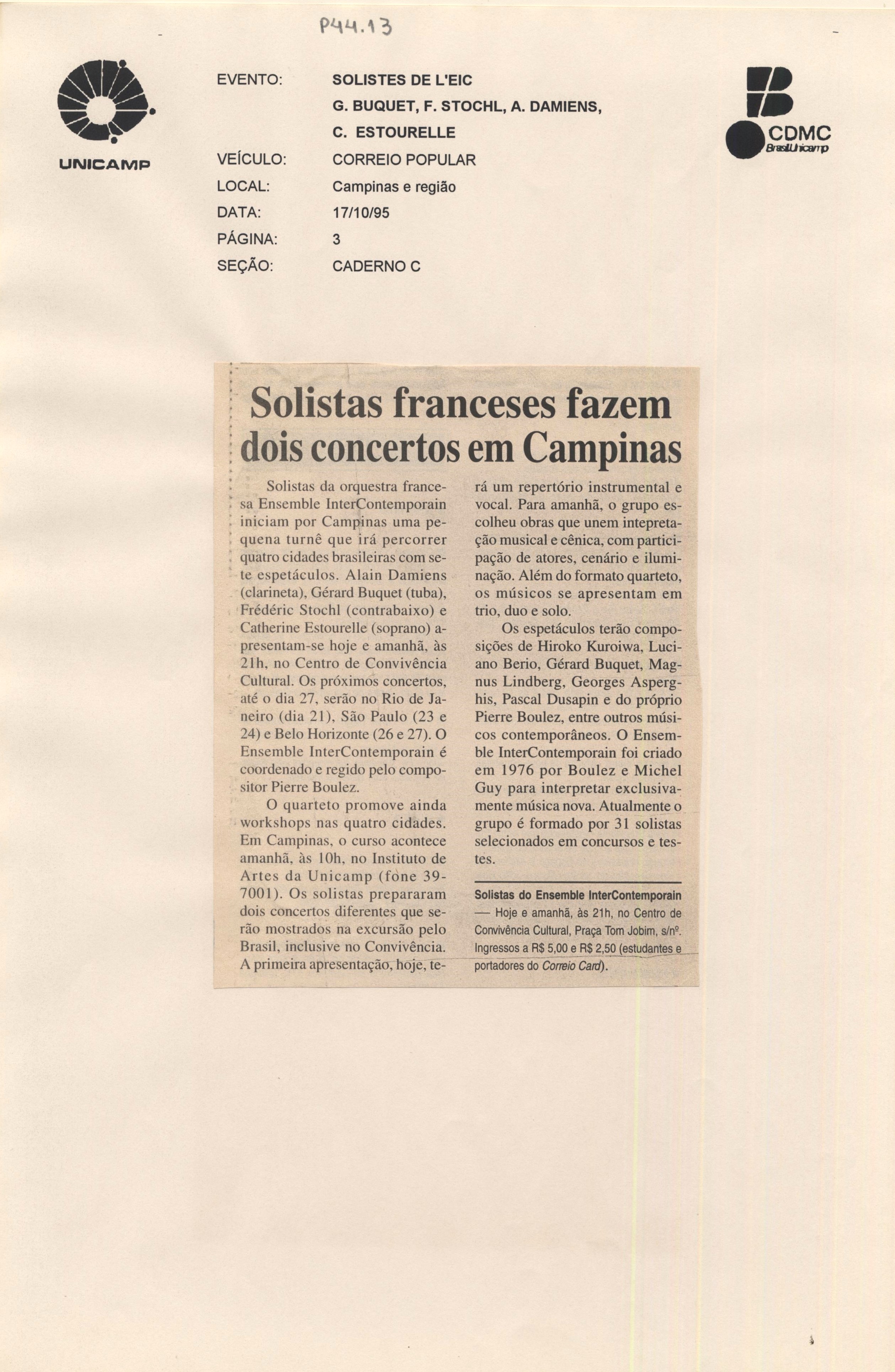 Capa:Solistas franceses fazem dois concertos em Campinas