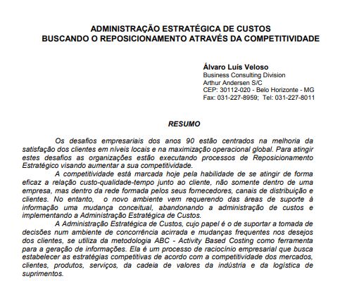Capa:Administração estratégica de custos buscando o reposicionamento através da competitividade