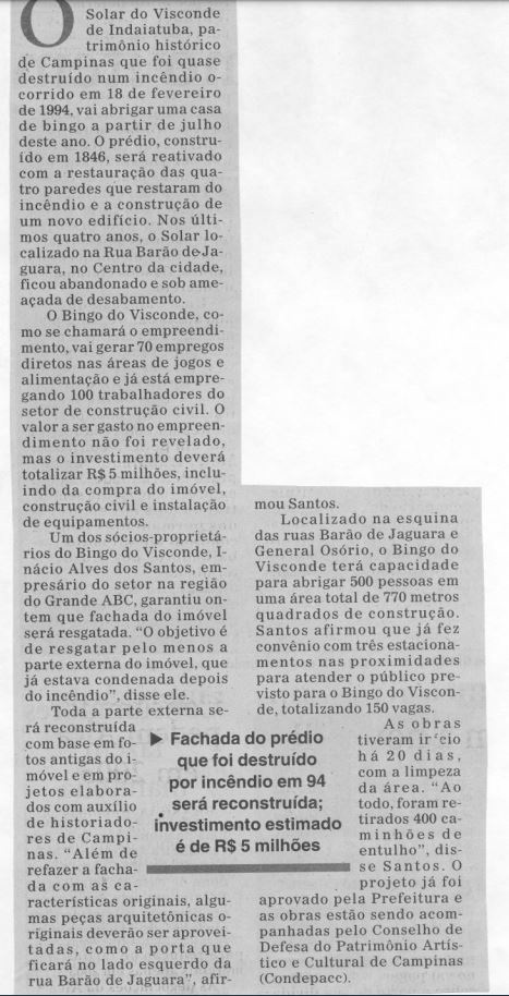 Capa:Solar do Visconde é transformado em bingo: fachada do prédio que foi destruído por incêndio em 94 será reconstruída; investimento estimado é de R$ 5 milhões