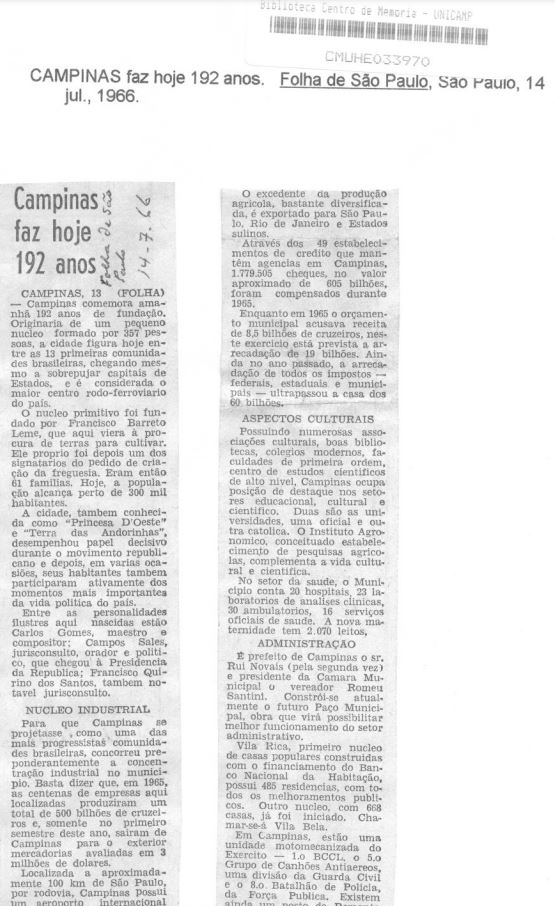 Capa:Campinas faz hoje 192 anos