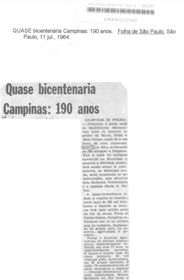 Capa:Quase bicentenária Campinas: 190 anos