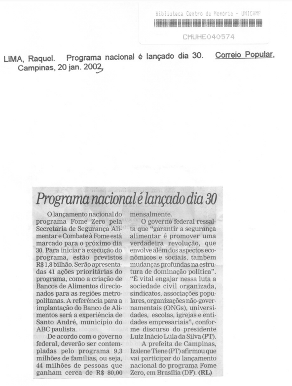 Capa:Programa nacional é lançado dia 30