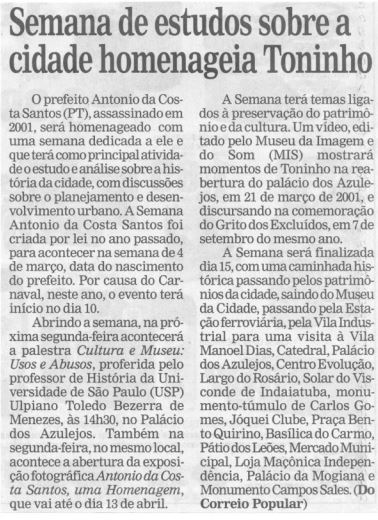 Capa:Semana de estudos sobre a cidade homenageia Toninho