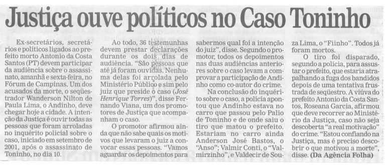 Capa:Justiça ouve políticos no Caso Toninho