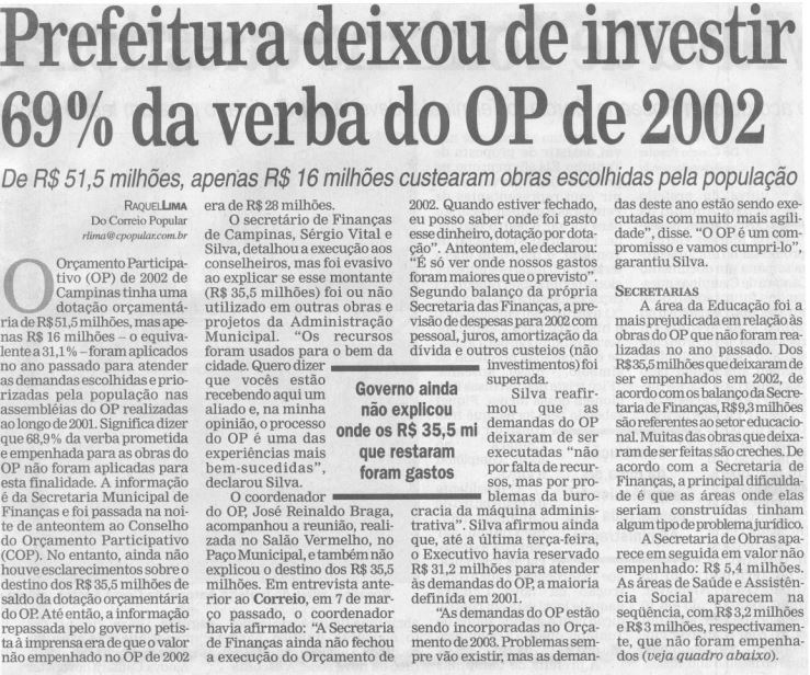 Capa:Prefeitura deixou de investir 69% da verba do OP de 2002